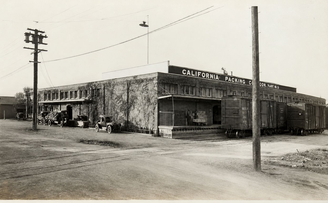Archival photograph of California Packing Corporation Plant No. 51 in San José — vine-covered brick, loading dock, and boxcars on the rail spur, circa 1920s