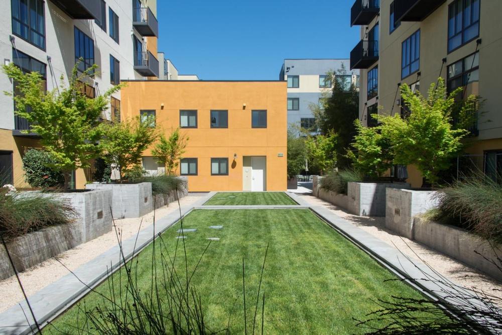 Courtyard lawn framed by the buildings